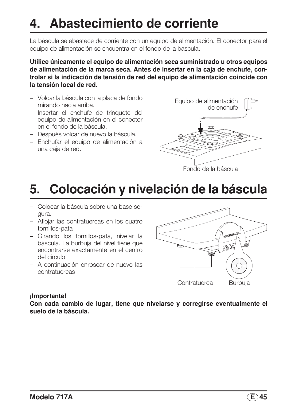 Abastecimiento de corriente, Colocación y nivelación de la báscula | Seca 717A User Manual | Page 45 / 136