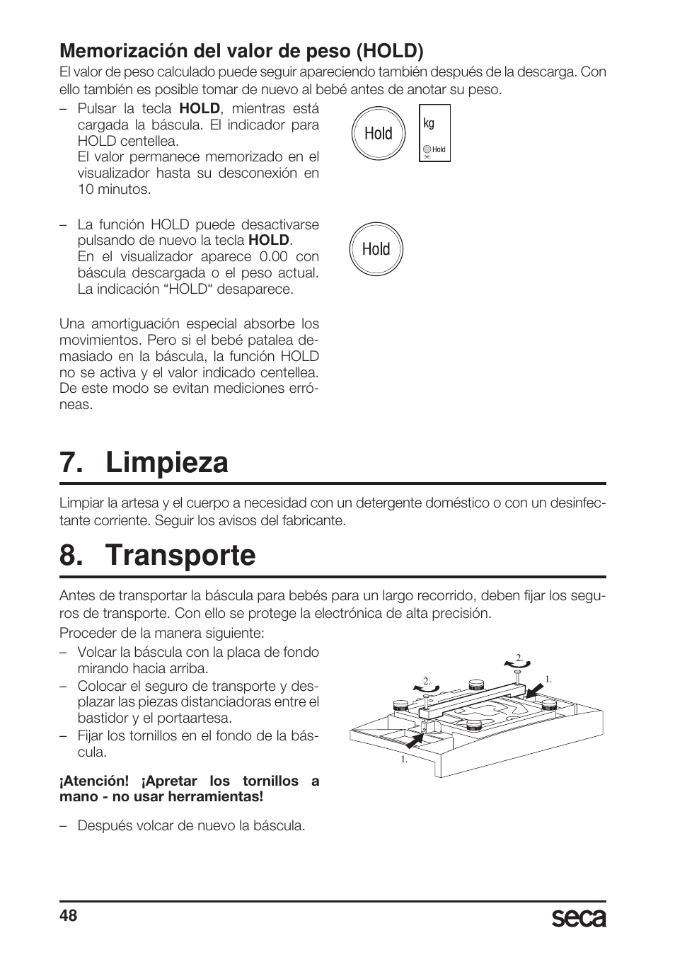 Memorización del valor de peso (hold), Limpieza, Transporte | Seca 717A User Manual | Page 48 / 136