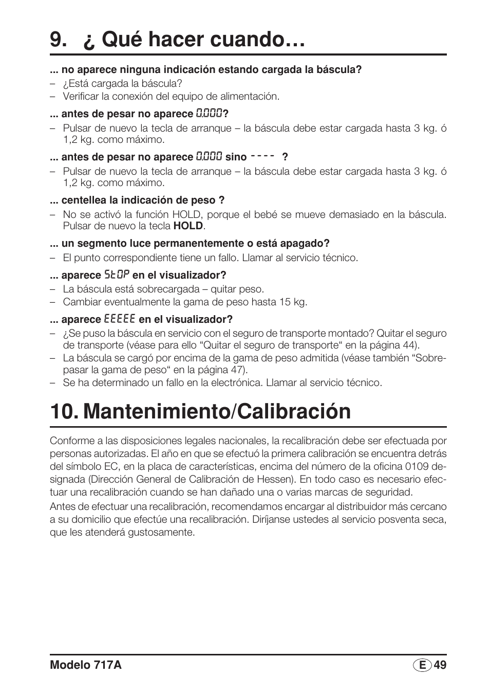 ¿ qué hacer cuando, Mantenimiento/calibración | Seca 717A User Manual | Page 49 / 136
