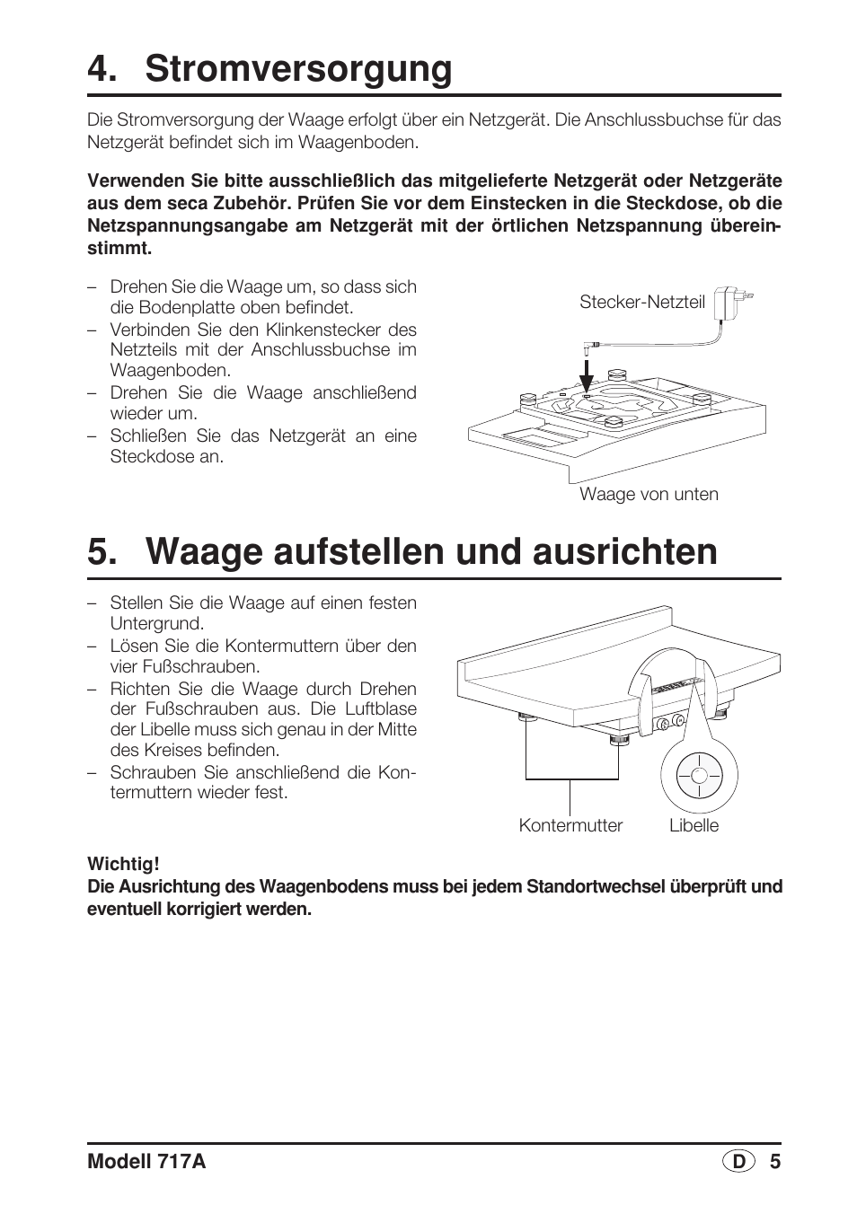 Stromversorgung, Waage aufstellen und ausrichten | Seca 717A User Manual | Page 5 / 136