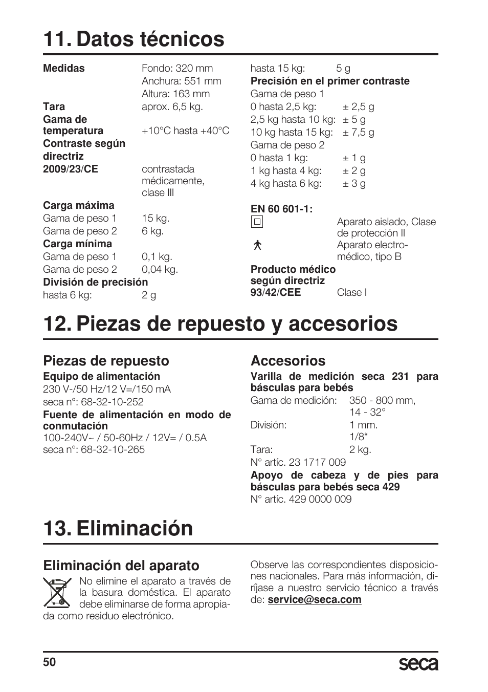 Datos técnicos, Piezas de repuesto y accesorios, Piezas de repuesto | Accesorios, Eliminación, Eliminación del aparato | Seca 717A User Manual | Page 50 / 136