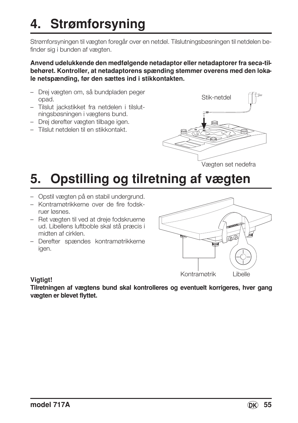 Strømforsyning, Opstilling og tilretning af vægten | Seca 717A User Manual | Page 55 / 136