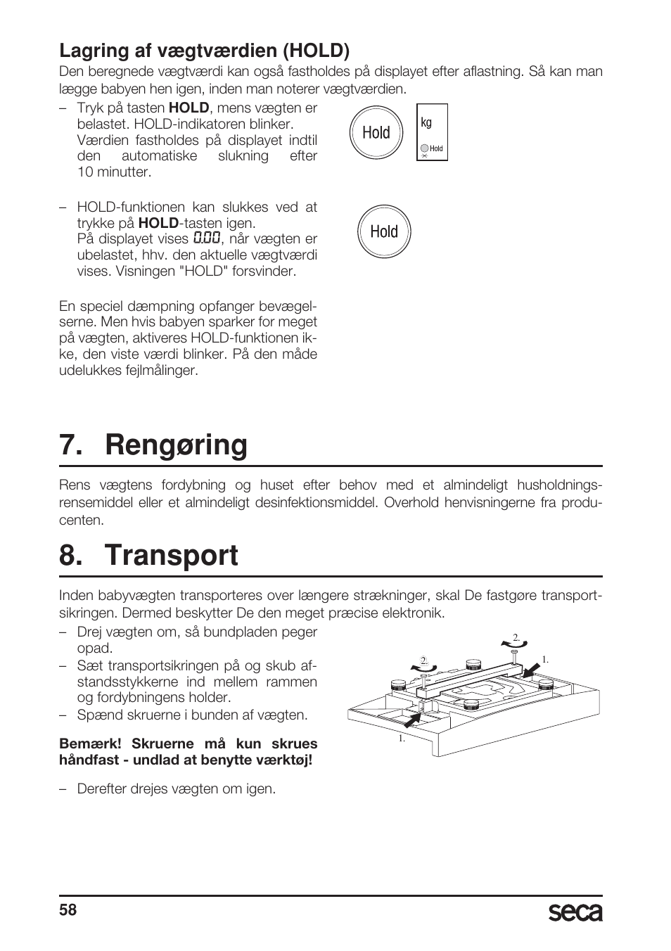 Lagring af vægtværdien (hold), Rengøring, Transport | Seca 717A User Manual | Page 58 / 136