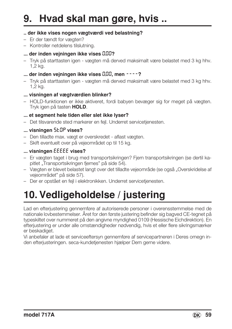 Hvad skal man gøre, hvis, Vedligeholdelse / justering | Seca 717A User Manual | Page 59 / 136