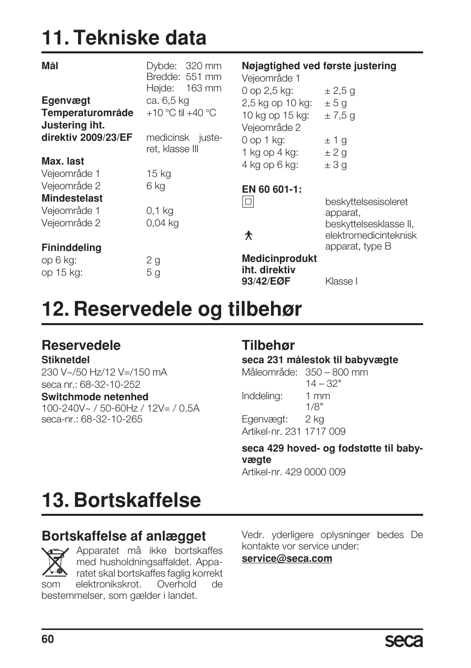 Tekniske data, Reservedele og tilbehør, Reservedele | Tilbehør, Bortskaffelse, Bortskaffelse af anlægget | Seca 717A User Manual | Page 60 / 136