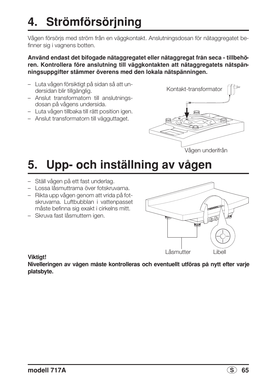 Strömförsörjning, Upp- och inställning av vågen | Seca 717A User Manual | Page 65 / 136