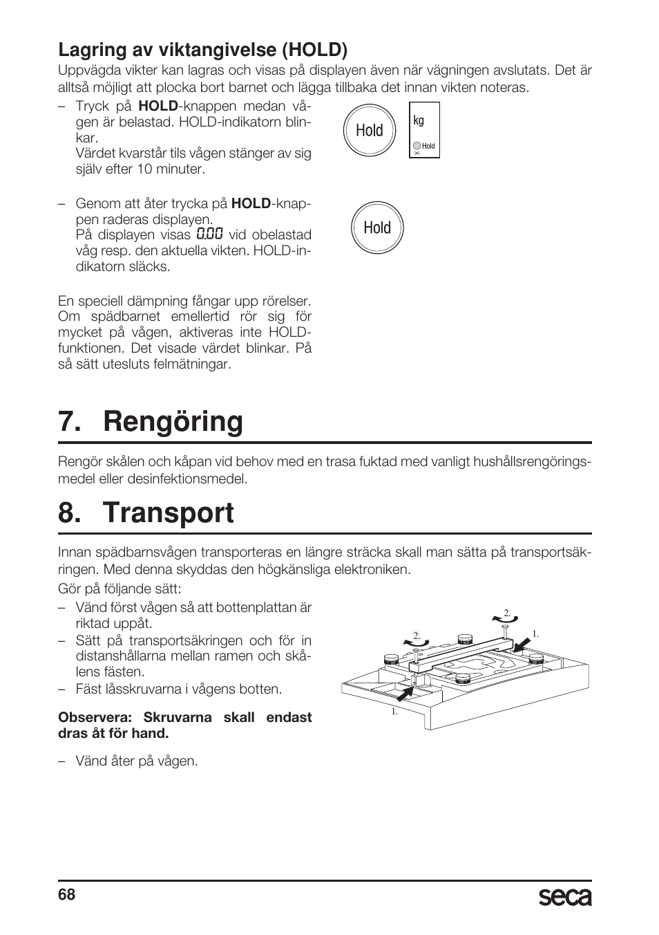 Lagring av viktangivelse (hold), Rengöring, Transport | Seca 717A User Manual | Page 68 / 136