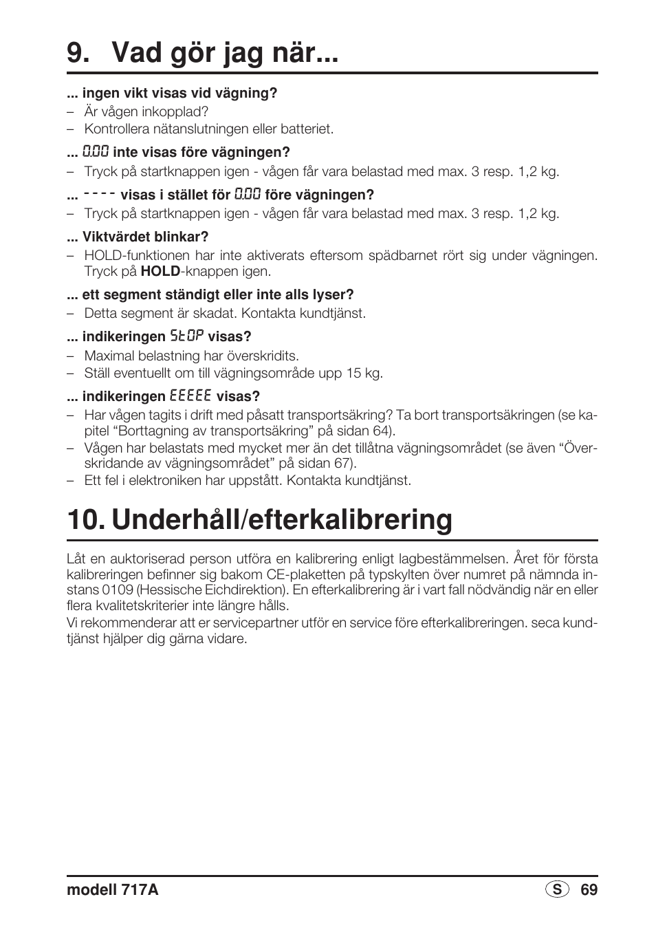 Vad gör jag när, Underhåll/efterkalibrering | Seca 717A User Manual | Page 69 / 136