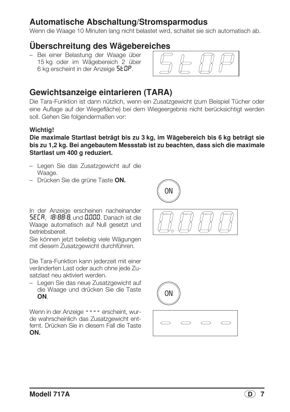 Automatische abschaltung/stromsparmodus, Überschreitung des wägebereiches, Gewichtsanzeige eintarieren (tara) | Seca 717A User Manual | Page 7 / 136