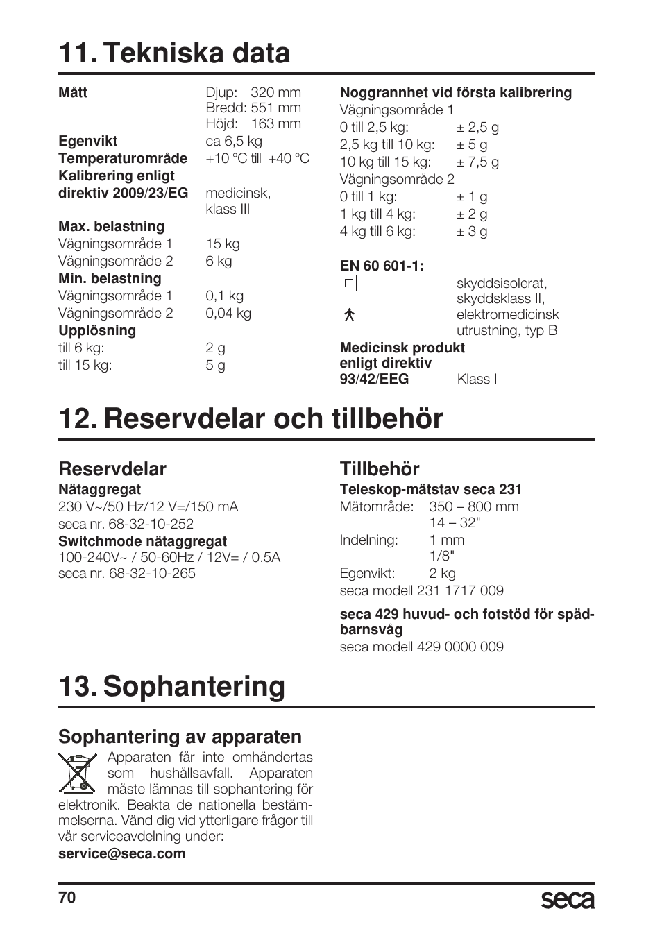 Tekniska data, Reservdelar och tillbehör, Reservdelar | Tillbehör, Sophantering, Sophantering av apparaten | Seca 717A User Manual | Page 70 / 136