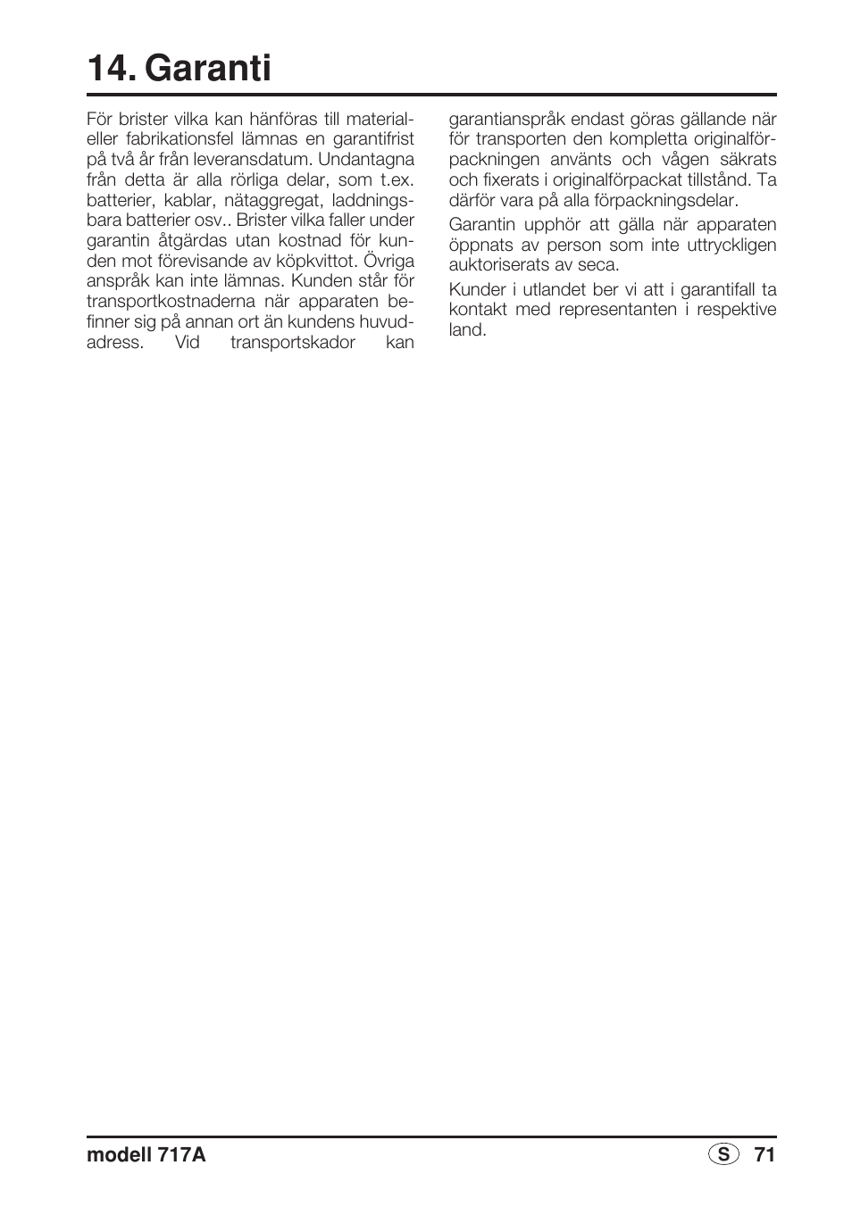 Garanti | Seca 717A User Manual | Page 71 / 136