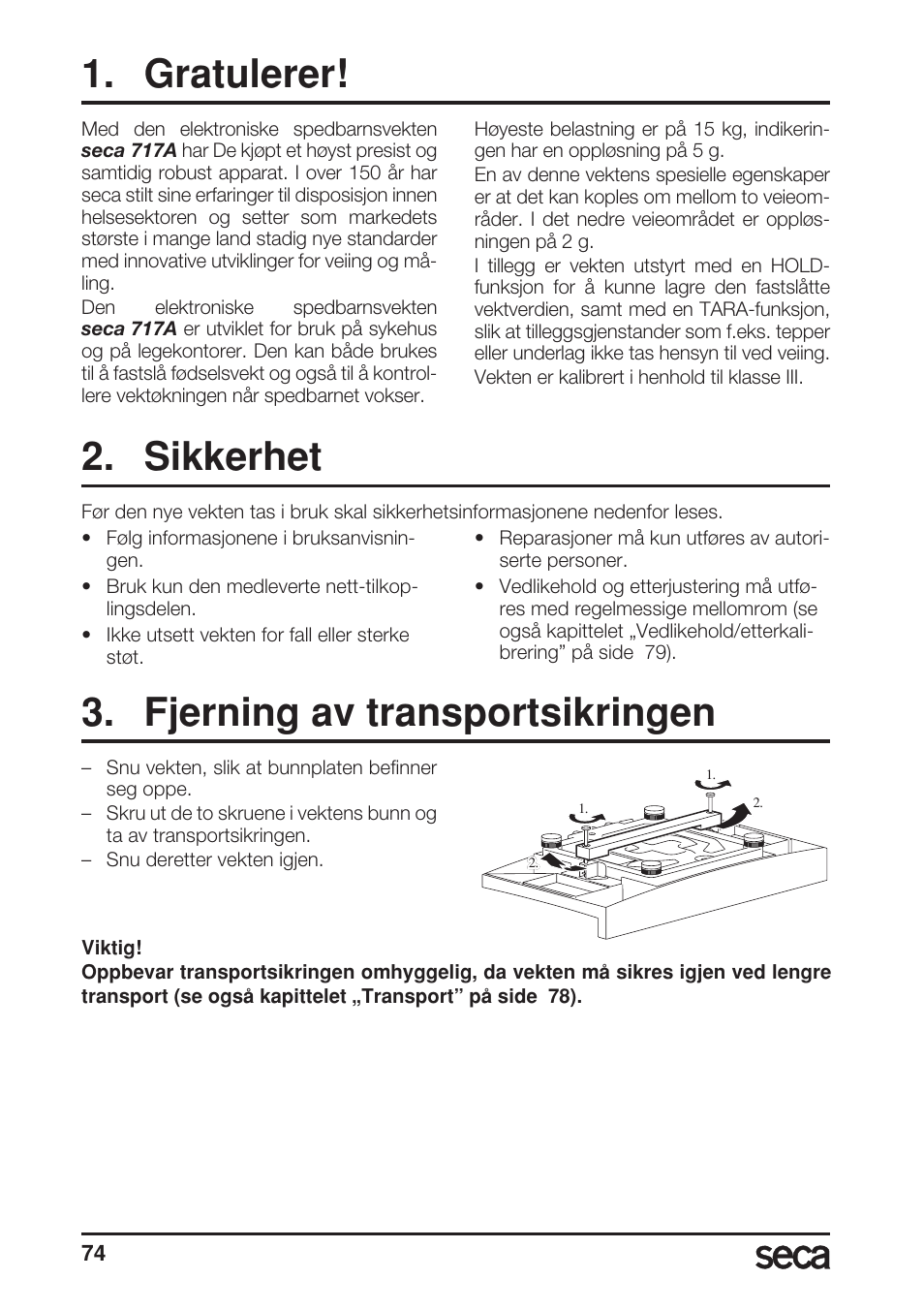 Gratulerer, Sikkerhet, Fjerning av transportsikringen | Seca 717A User Manual | Page 74 / 136