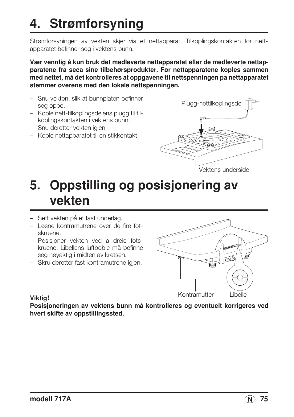 Strømforsyning, Oppstilling og posisjonering av vekten | Seca 717A User Manual | Page 75 / 136