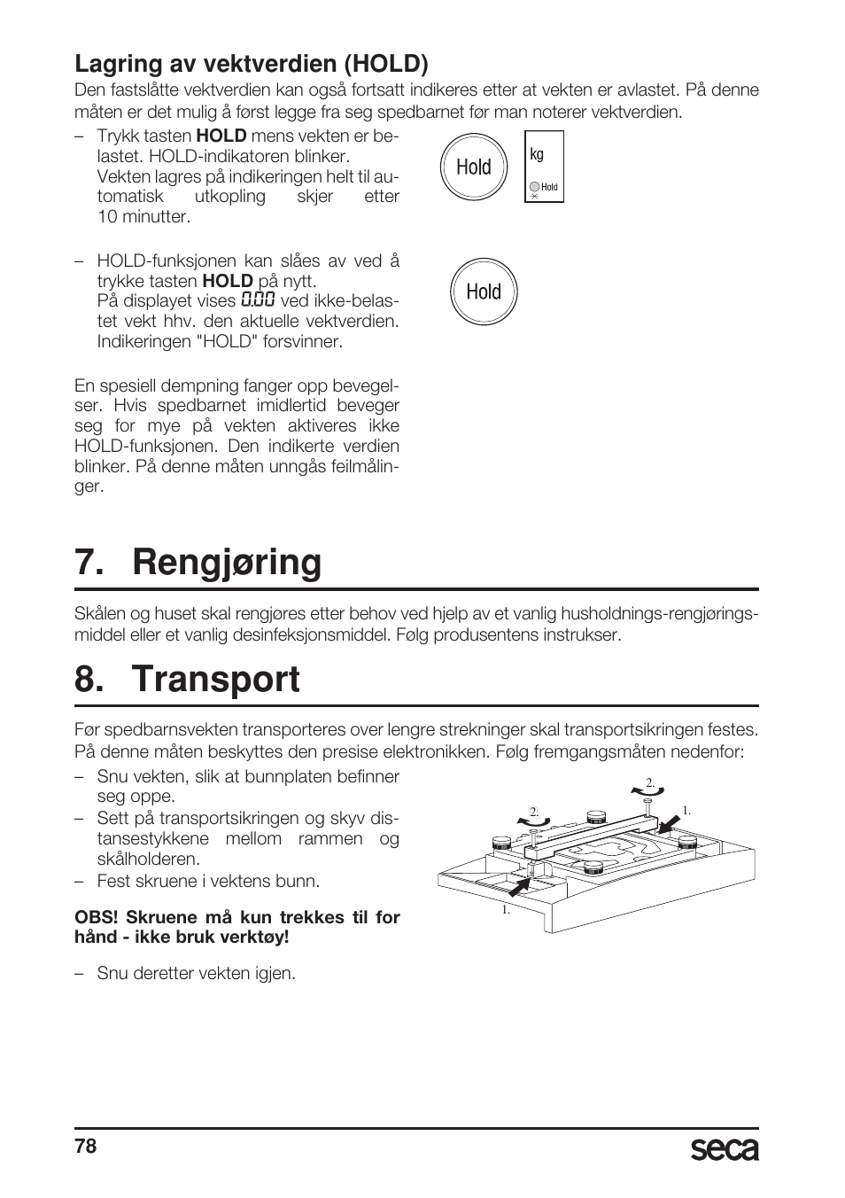 Lagring av vektverdien (hold), Rengjøring, Transport | Seca 717A User Manual | Page 78 / 136