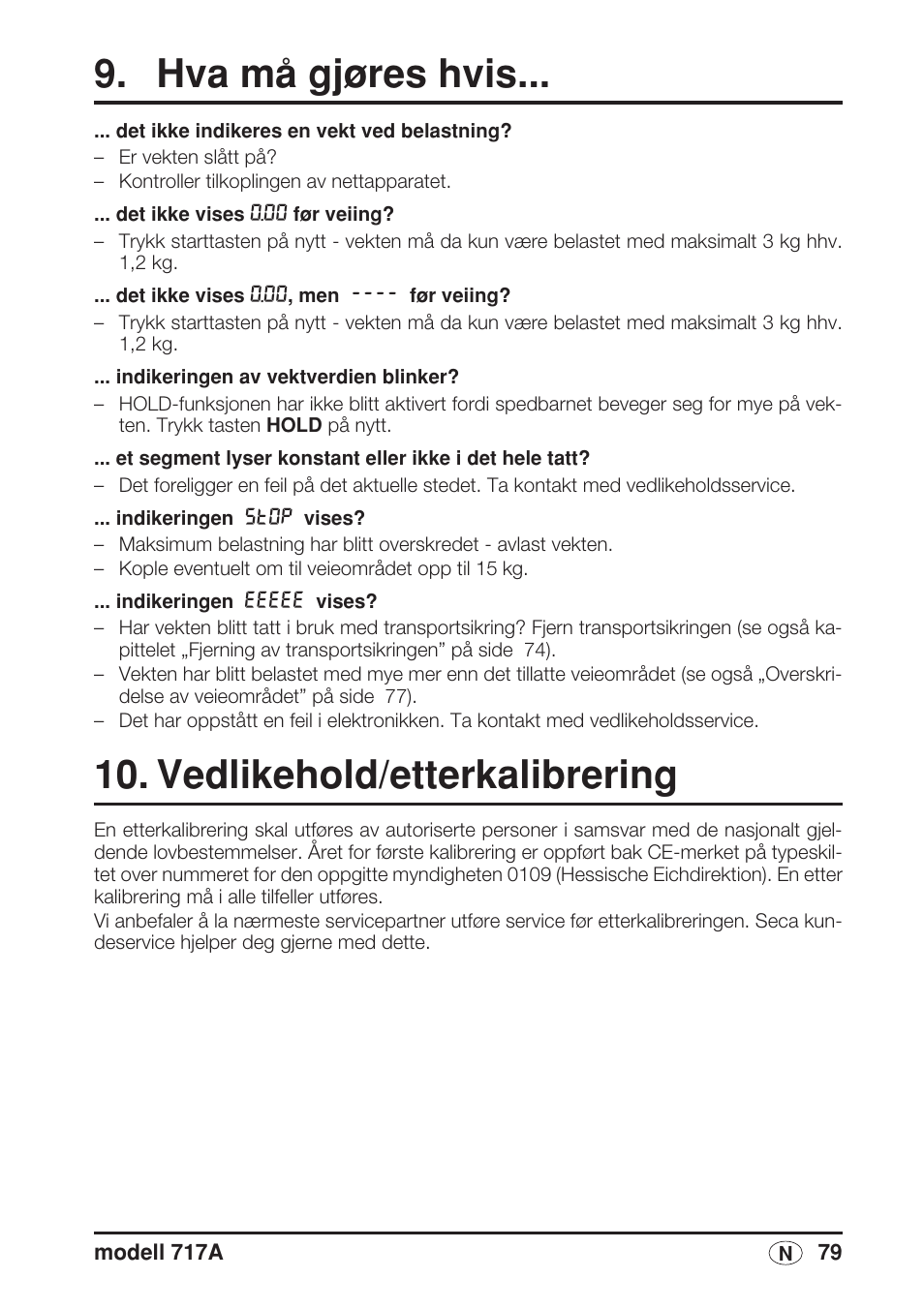 Hva må gjøres hvis, Vedlikehold/etterkalibrering | Seca 717A User Manual | Page 79 / 136