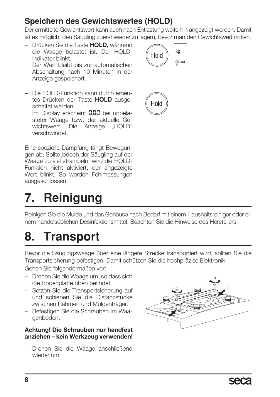 Speichern des gewichtswertes (hold), Reinigung, Transport | Seca 717A User Manual | Page 8 / 136