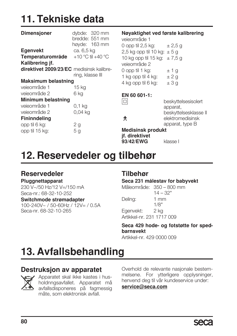 Tekniske data, Reservedeler og tilbehør, Reservedeler | Tilbehør, Avfallsbehandling, Destruksjon av apparatet | Seca 717A User Manual | Page 80 / 136