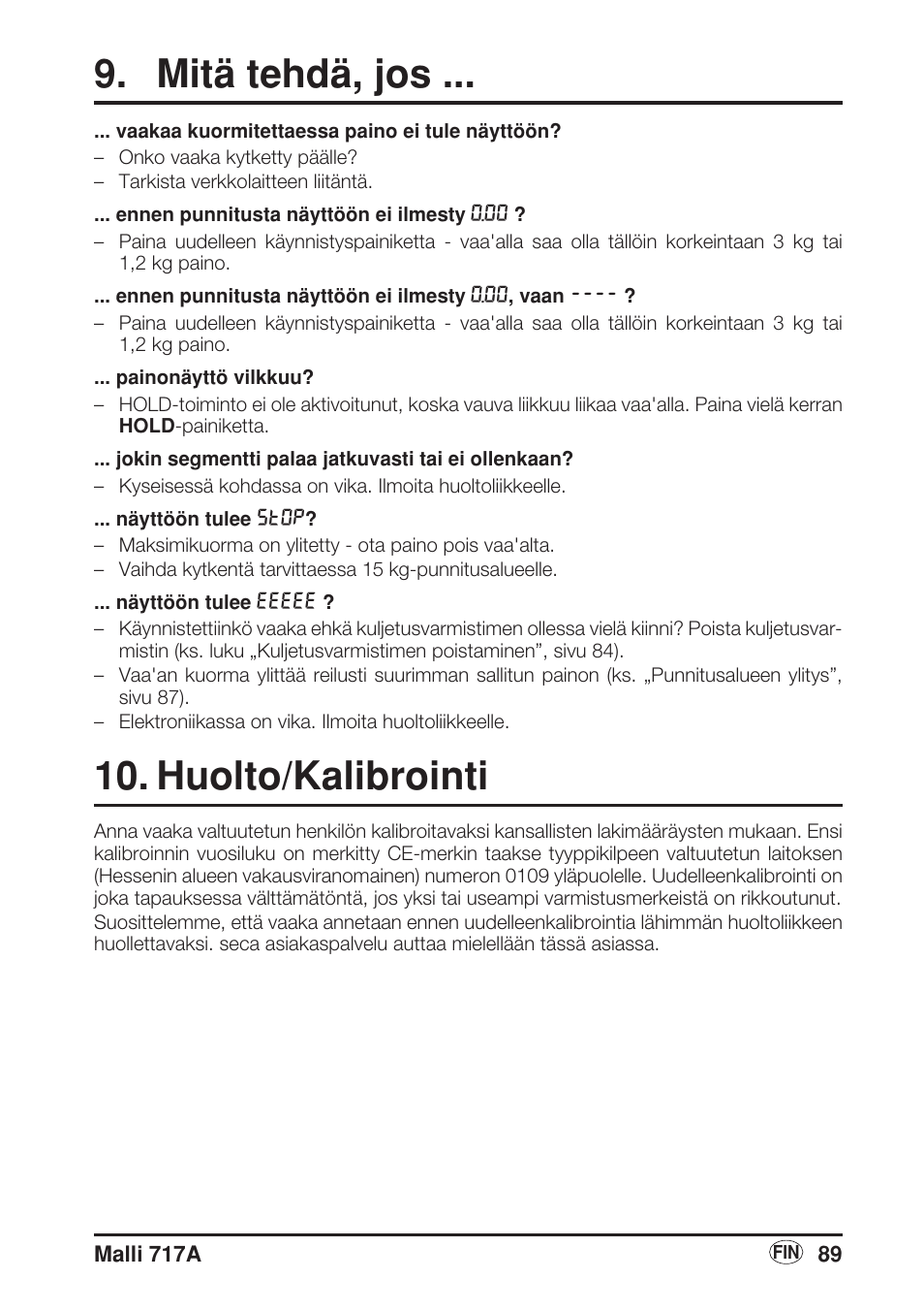 Mitä tehdä, jos, Huolto/kalibrointi | Seca 717A User Manual | Page 89 / 136