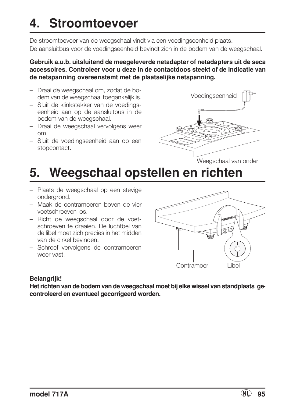 Stroomtoevoer, Weegschaal opstellen en richten | Seca 717A User Manual | Page 95 / 136