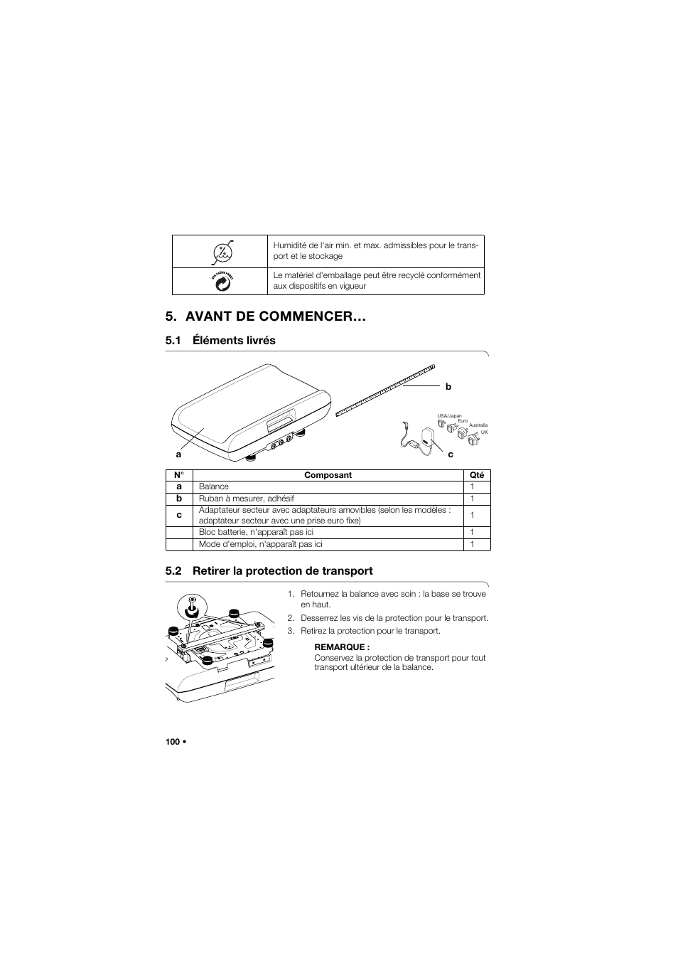 Avant de commencer, 1 éléments livrés, 2 retirer la protection de transport | Seca 757 User Manual | Page 100 / 307