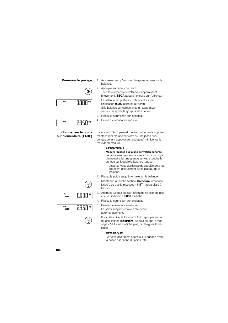 Démarrer le pesage, Compenser le poids supplémentaire (tare) | Seca 757 User Manual | Page 104 / 307