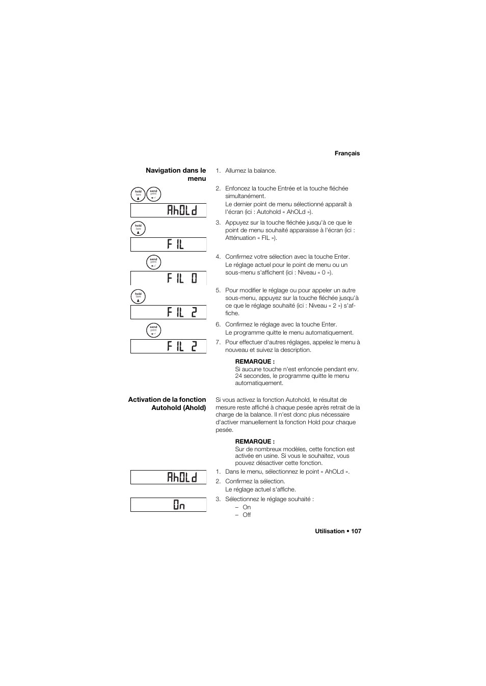 Navigation dans le menu, Activation de la fonction autohold (ahold) | Seca 757 User Manual | Page 107 / 307