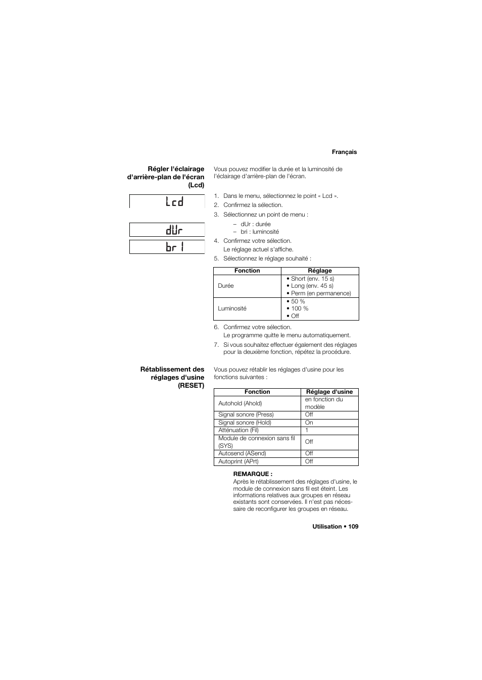 Régler l'éclairage d'arrière-plan de l'écran (lcd), Rétablissement des réglages d'usine (reset) | Seca 757 User Manual | Page 109 / 307