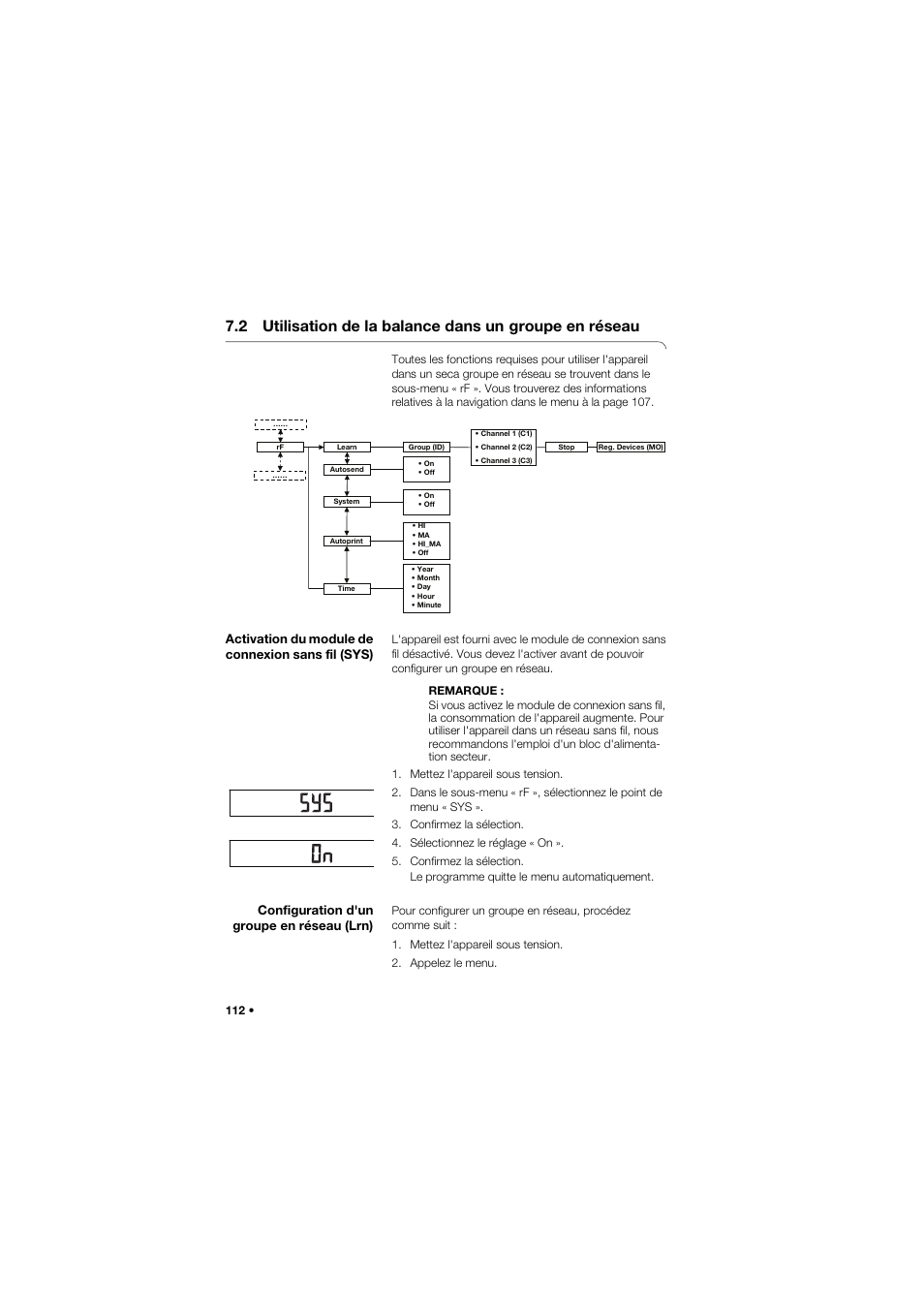 Activation du module de connexion sans fil (sys), Configuration d'un groupe en réseau (lrn), 2 utilisation de la balance dans un | Groupe en réseau | Seca 757 User Manual | Page 112 / 307