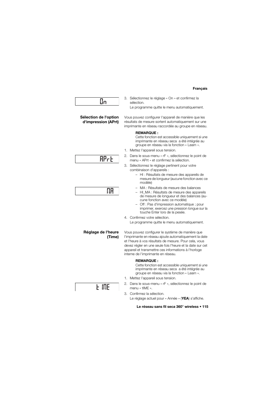 Sélection de l'option d'impression (aprt), Réglage de l'heure (time) | Seca 757 User Manual | Page 115 / 307