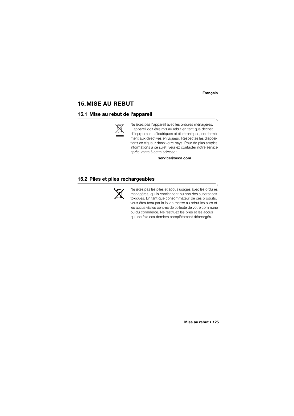 Mise au rebut, 1 mise au rebut de l'appareil, 2 piles et piles rechargeables | Seca 757 User Manual | Page 125 / 307