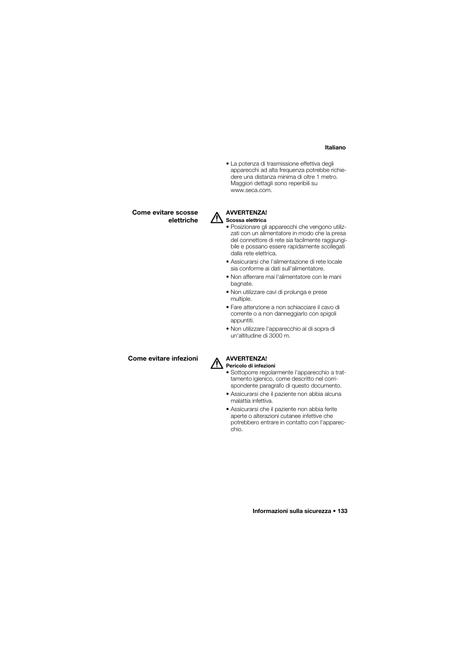 Come evitare scosse elettriche, Come evitare infezioni | Seca 757 User Manual | Page 133 / 307