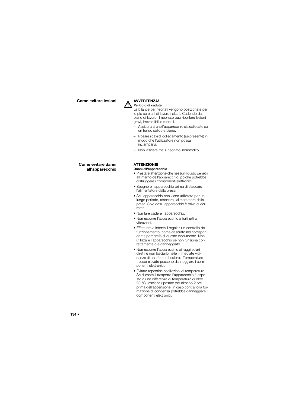 Come evitare lesioni, Come evitare danni all'apparecchio | Seca 757 User Manual | Page 134 / 307
