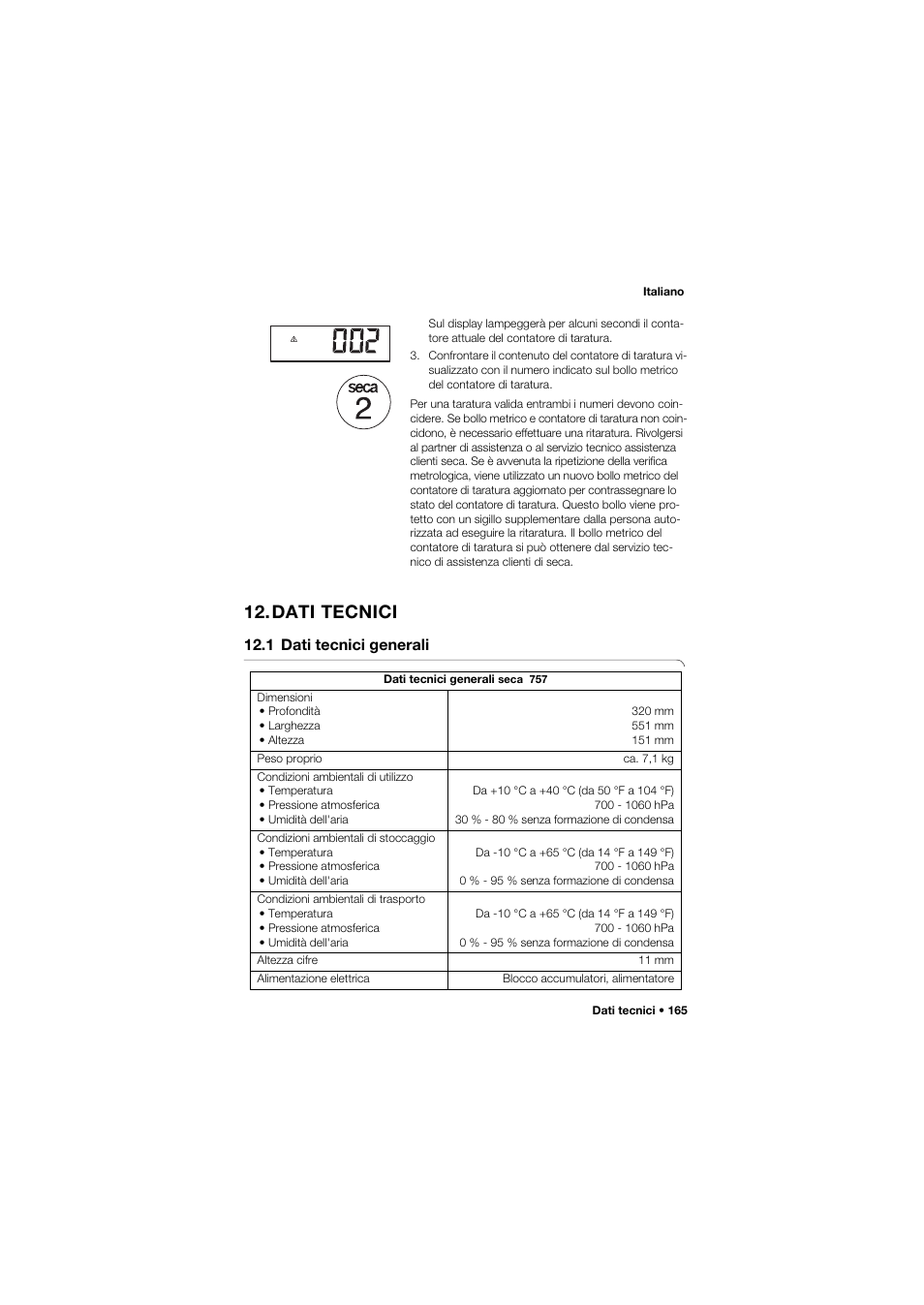 Dati tecnici, 1 dati tecnici generali | Seca 757 User Manual | Page 165 / 307