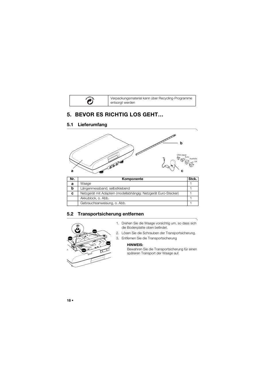 Bevor es richtig los geht, 1 lieferumfang, 2 transportsicherung entfernen | 1 lieferumfang 5.2 transportsicherung entfernen | Seca 757 User Manual | Page 18 / 307