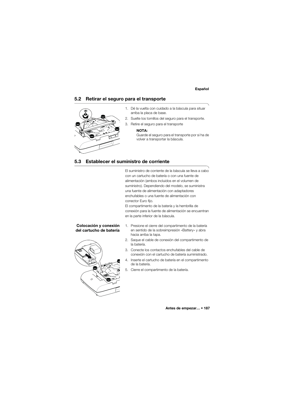 2 retirar el seguro para el transporte, 3 establecer el suministro de corriente, Colocación y conexión del cartucho de batería | Seca 757 User Manual | Page 187 / 307