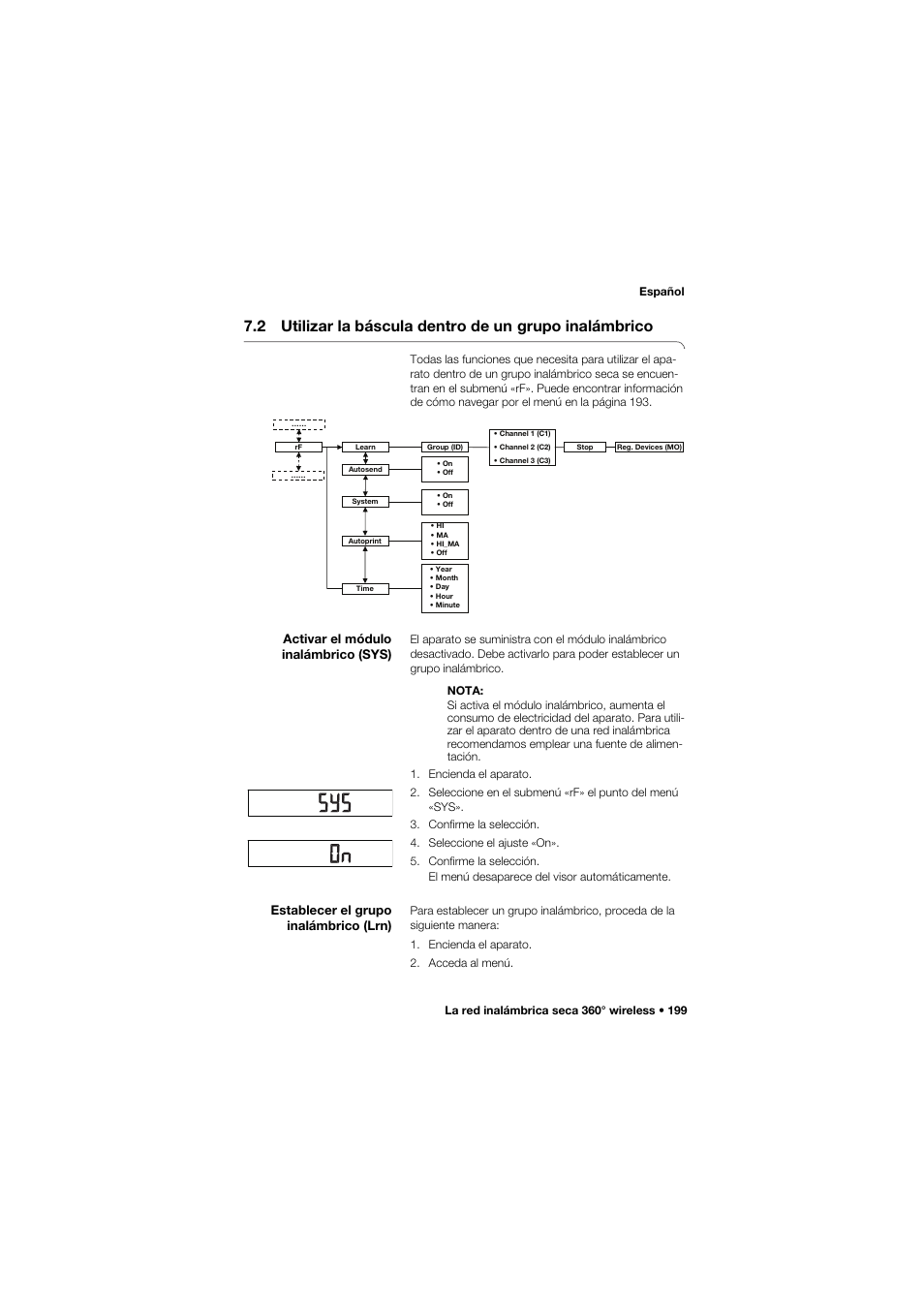 Activar el módulo inalámbrico (sys), Establecer el grupo inalámbrico (lrn), 2 utilizar la báscula dentro de un | Grupo inalámbrico | Seca 757 User Manual | Page 199 / 307