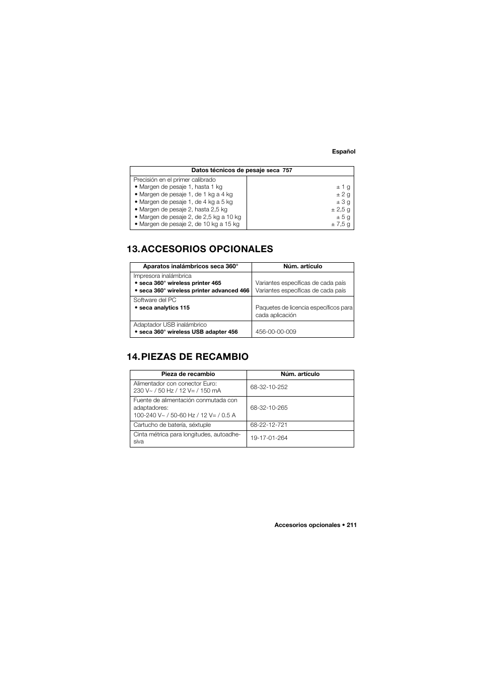 Accesorios opcionales, Piezas de recambio, Accesorios opcionales 14.piezas de recambio | Seca 757 User Manual | Page 211 / 307