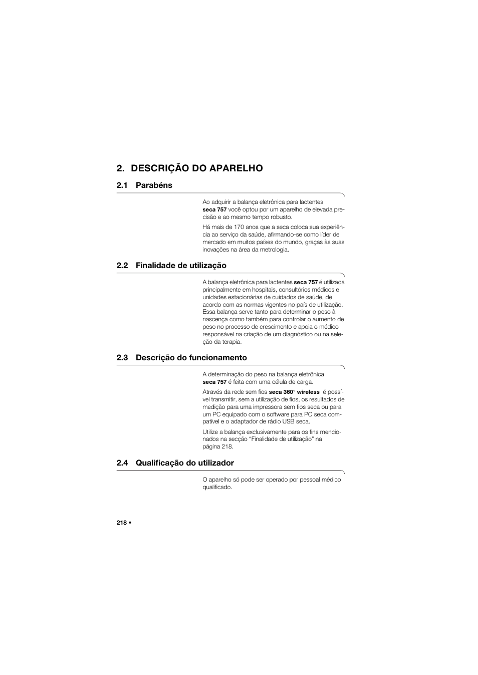 Descrição do aparelho, 1 parabéns, 2 finalidade de utilização | 3 descrição do funcionamento, 4 qualificação do utilizador | Seca 757 User Manual | Page 218 / 307