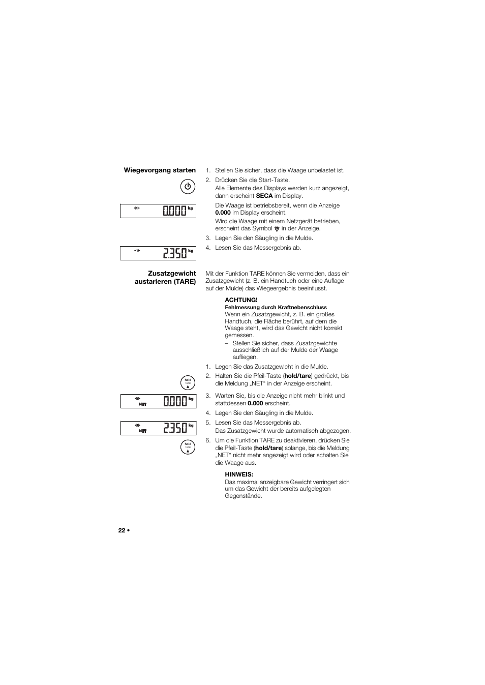 Wiegevorgang starten, Zusatzgewicht austarieren (tare) | Seca 757 User Manual | Page 22 / 307