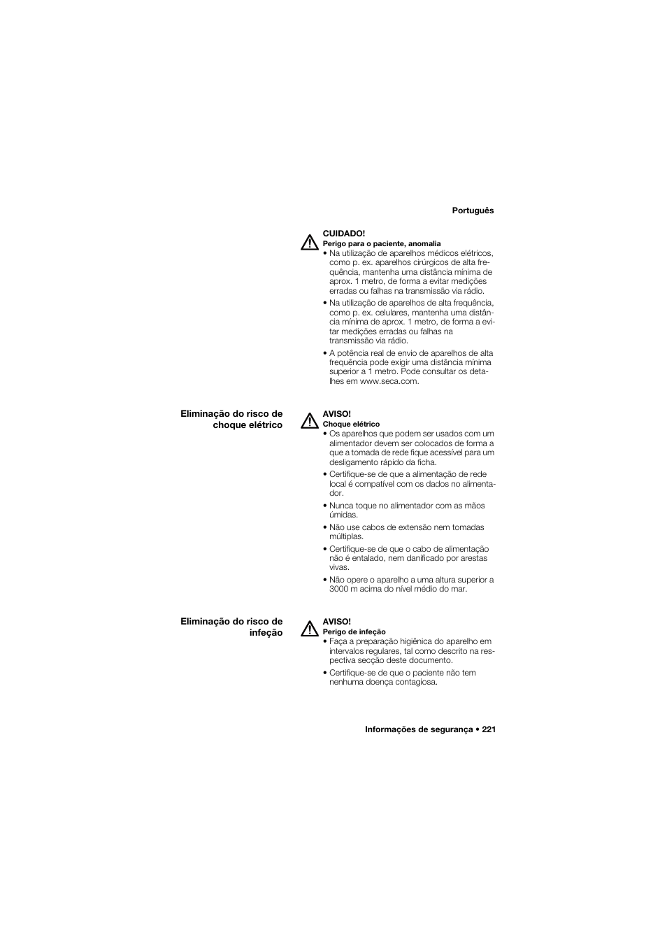 Eliminação do risco de choque elétrico, Eliminação do risco de infeção | Seca 757 User Manual | Page 221 / 307