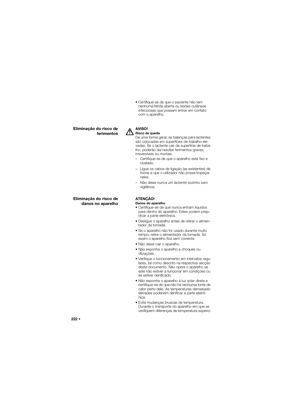 Eliminação do risco de ferimentos, Eliminação do risco de danos no aparelho | Seca 757 User Manual | Page 222 / 307