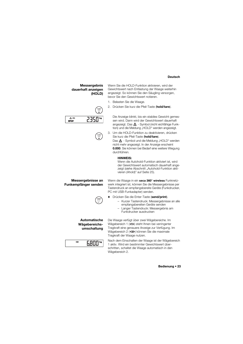 Messergebnis dauerhaft anzeigen (hold), Messergebnisse an funkempfänger senden, Automatische wägebereichs- umschaltung | Seca 757 User Manual | Page 23 / 307