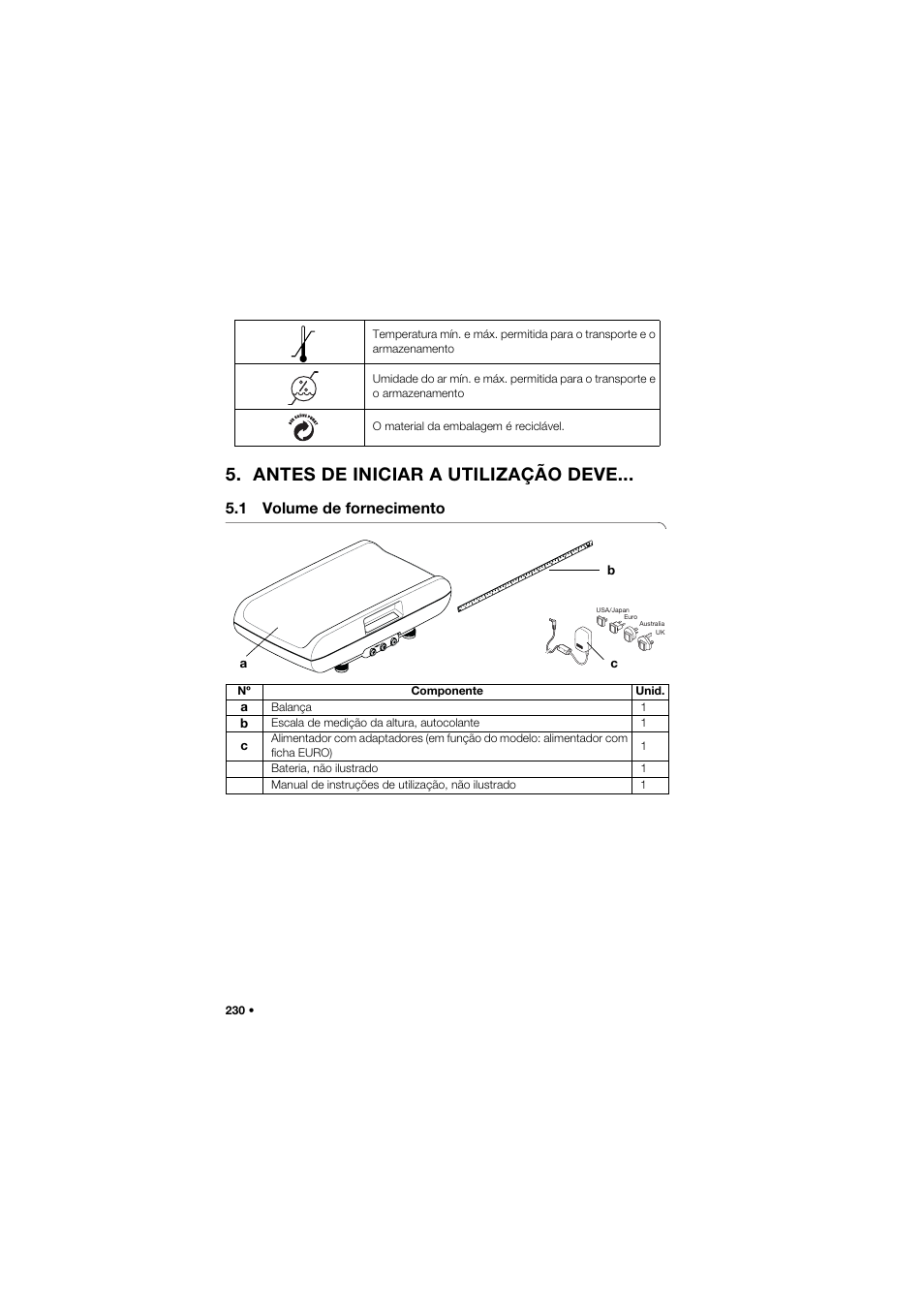 Antes de iniciar a utilização deve, 1 volume de fornecimento | Seca 757 User Manual | Page 230 / 307