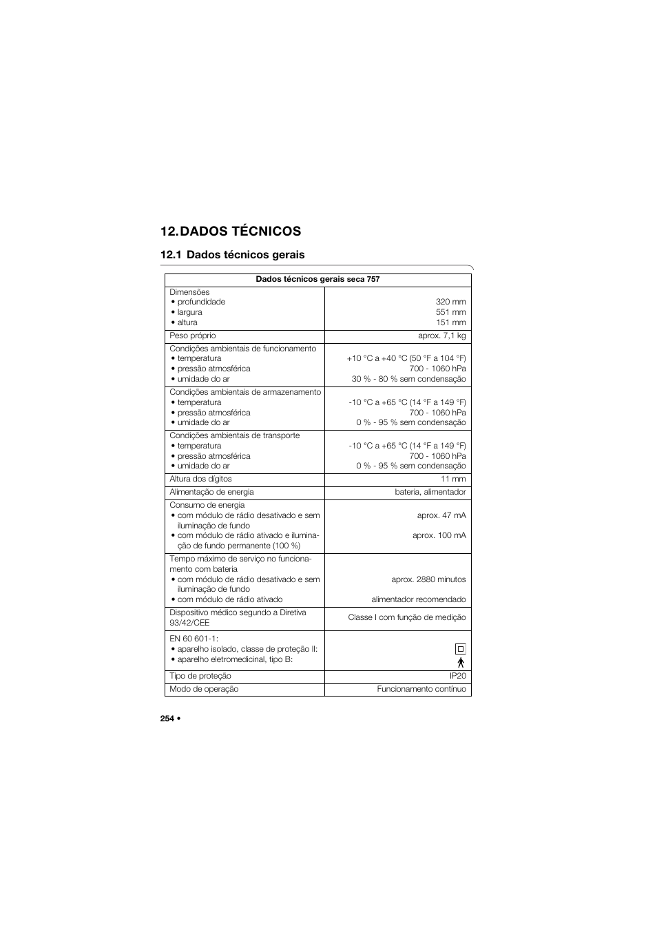 Dados técnicos, 1 dados técnicos gerais | Seca 757 User Manual | Page 254 / 307