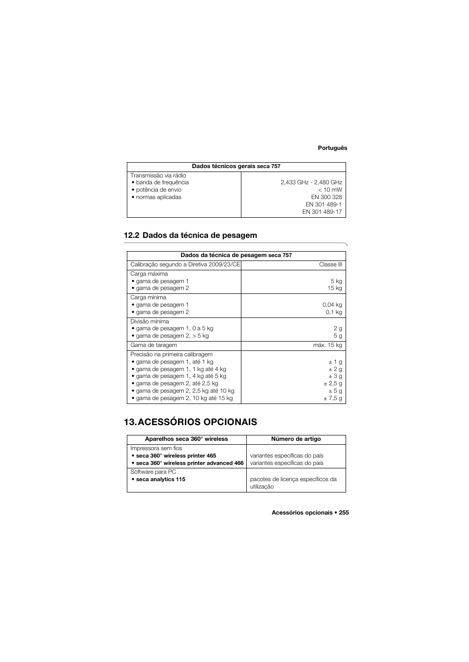 2 dados da técnica de pesagem, Acessórios opcionais | Seca 757 User Manual | Page 255 / 307