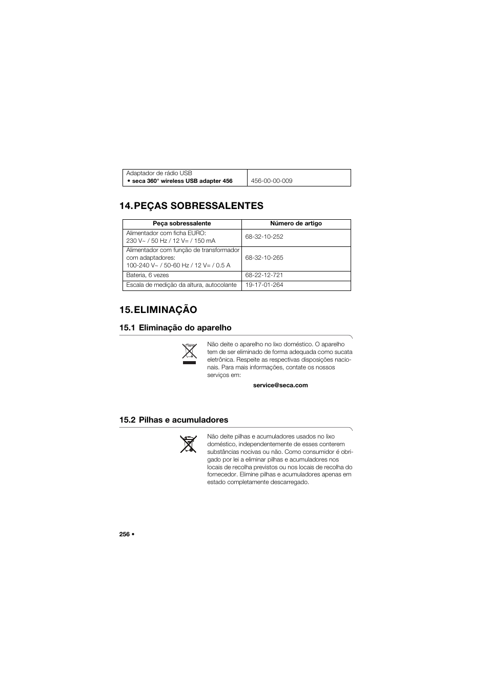 Peças sobressalentes, Eliminação, 1 eliminação do aparelho | 2 pilhas e acumuladores, Peças sobressalentes 15.eliminação | Seca 757 User Manual | Page 256 / 307