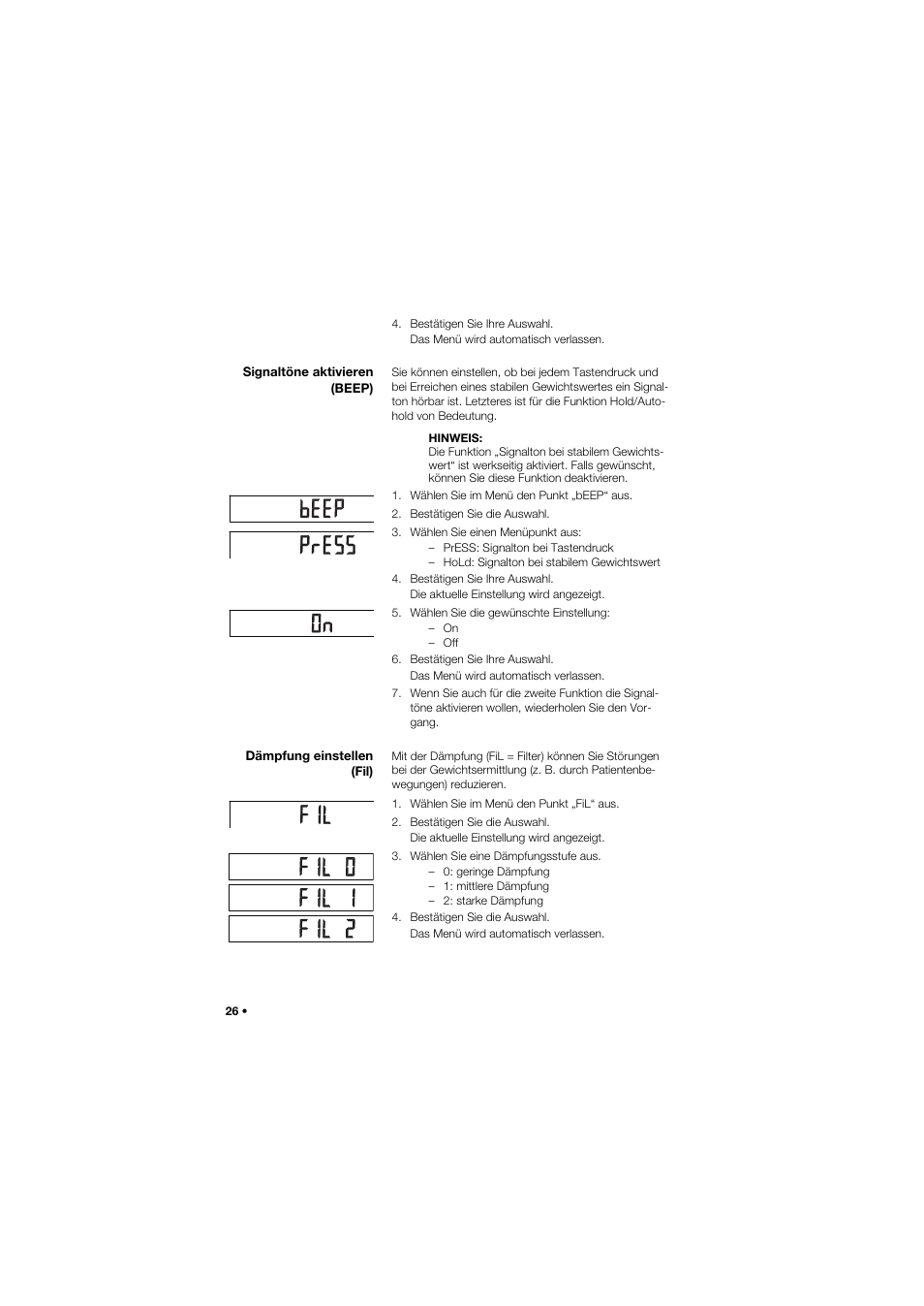 Signaltöne aktivieren (beep), Dämpfung einstellen (fil) | Seca 757 User Manual | Page 26 / 307