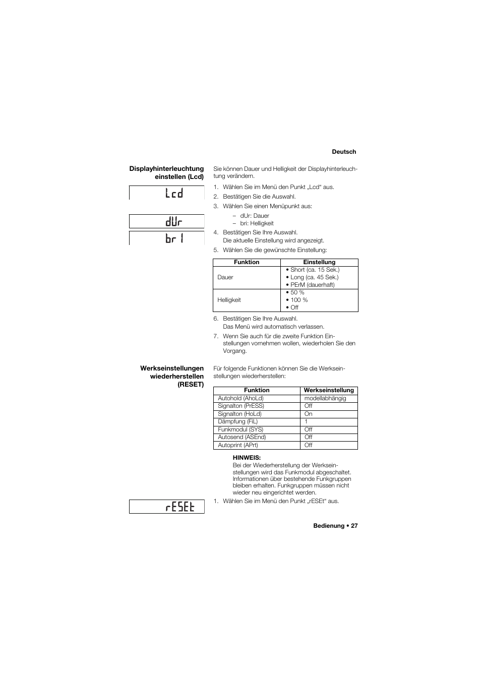 Displayhinterleuchtung einstellen (lcd), Werkseinstellungen wiederherstellen (reset) | Seca 757 User Manual | Page 27 / 307
