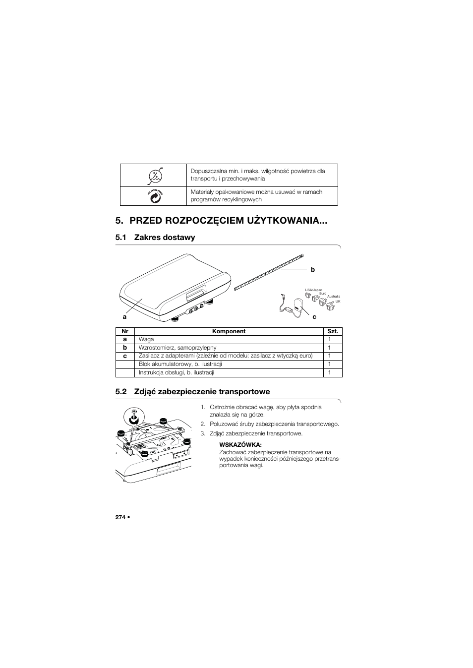 Przed rozpoczęciem użytkowania, 1 zakres dostawy, 2 zdjąć zabezpieczenie transportowe | Seca 757 User Manual | Page 274 / 307