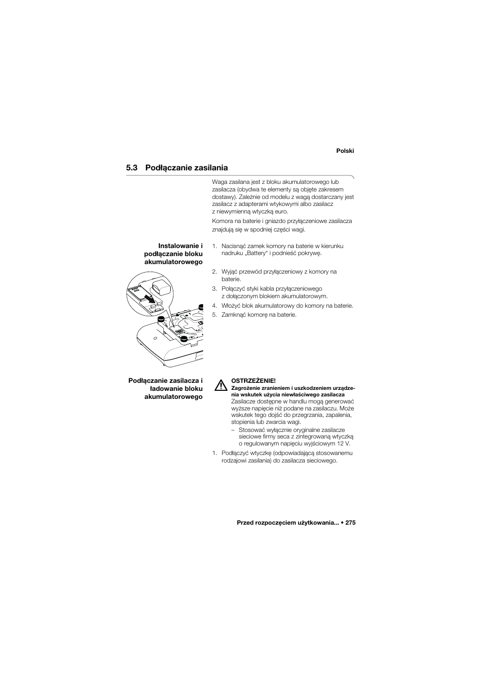 3 podłączanie zasilania, Instalowanie i podłączanie bloku akumulatorowego | Seca 757 User Manual | Page 275 / 307